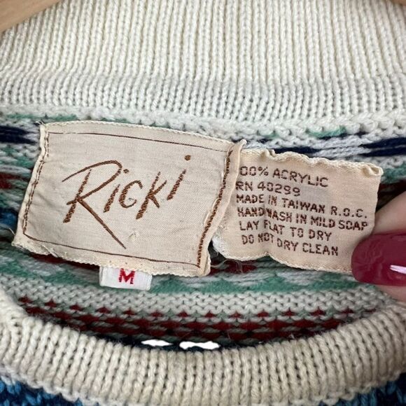 Vintage 70s Ricki Collared Crewneck Argyle Stripe Sweater Medium - Picture 9 of 11